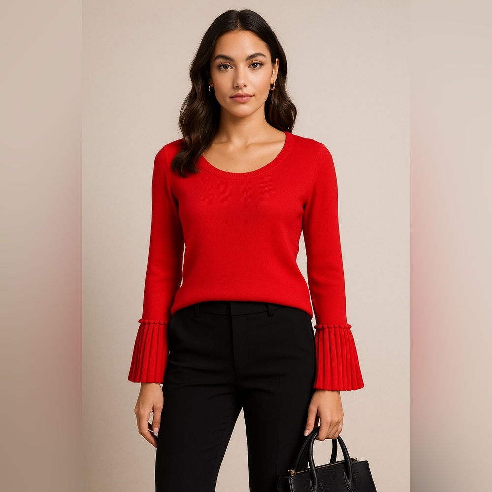 Romantic Red Bell Sleeve Sweater – Quiet Luxury Desk to Dinner Winter Style‎ M